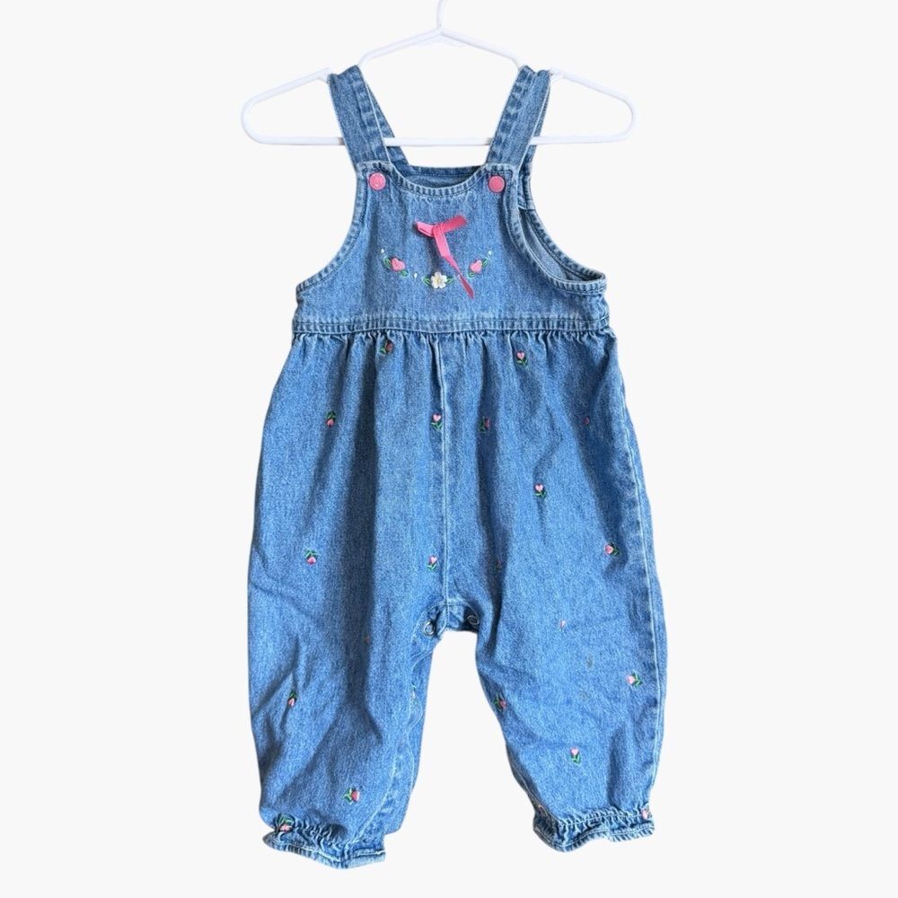 Vintage Baby B’Gosh Denim Bubble Overalls 6-9M Floral Embroidered Romper